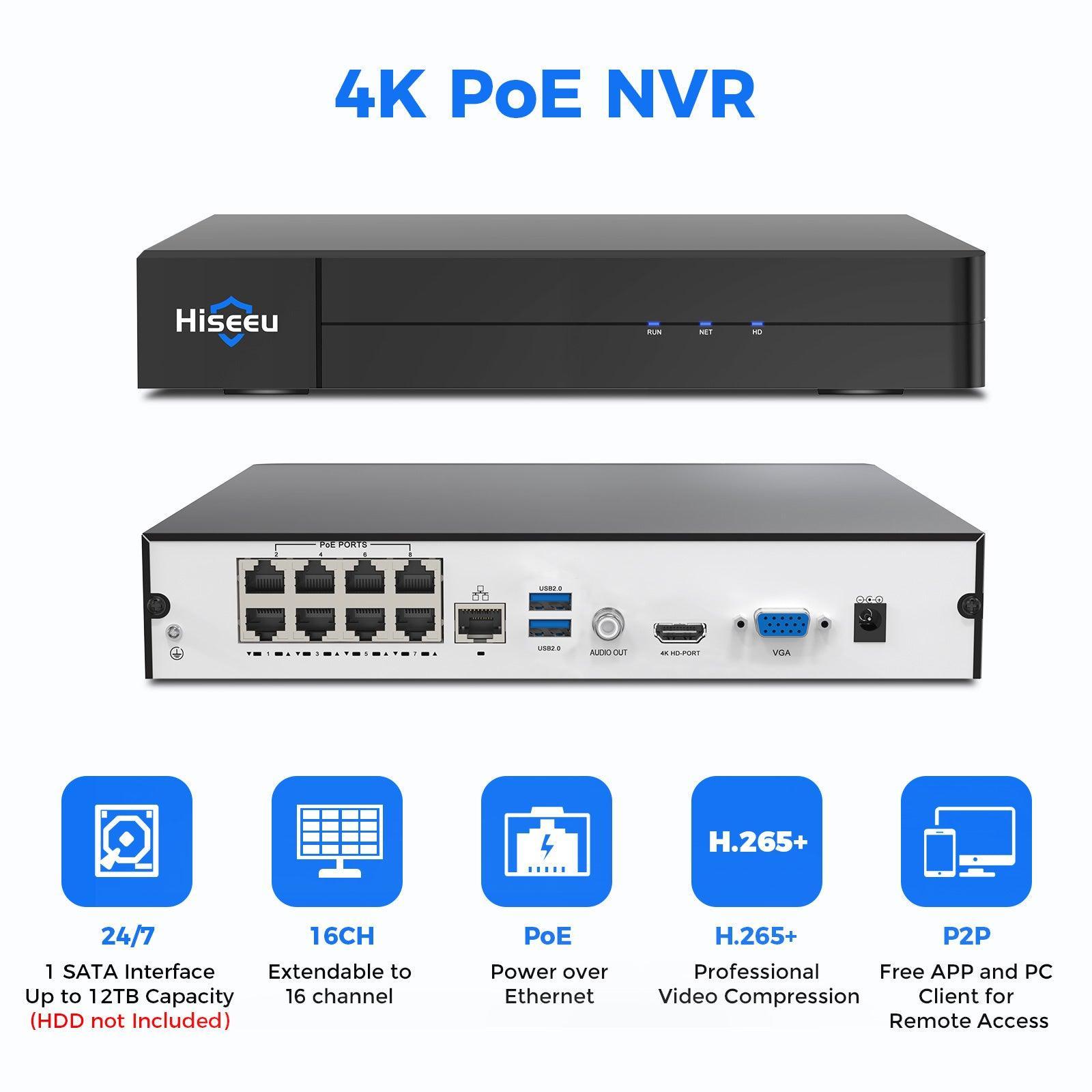 Hiseeu 4K PoE Network Video Recorder NVR, Support 4K/2K/8MP/5MP/3MP/1080P PoE Camera, Free Remote Access, Motion Alarm, 24/7 Recording, Smart Playback, No Hard Disk Drive - Hiseeu