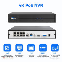 Hiseeu 4K PoE Network Video Recorder NVR, Support 4K/2K/8MP/5MP/3MP/1080P PoE Camera, Free Remote Access, Motion Alarm, 24/7 Recording, Smart Playback, No Hard Disk Drive - Hiseeu