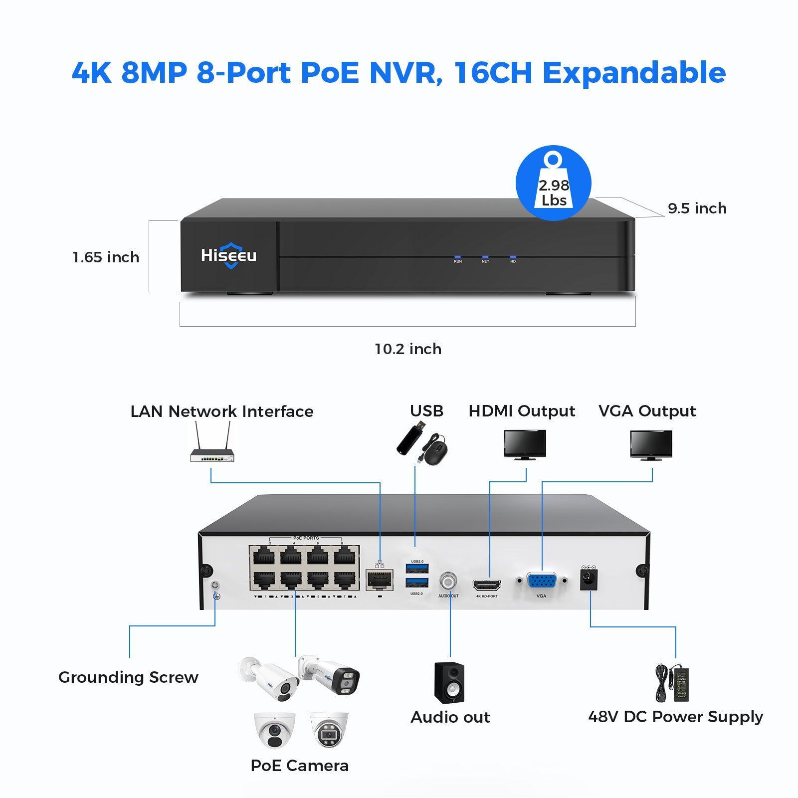 Hiseeu 4K PoE Network Video Recorder NVR, Support 4K/2K/8MP/5MP/3MP/1080P PoE Camera, Free Remote Access, Motion Alarm, 24/7 Recording, Smart Playback, No Hard Disk Drive - Hiseeu