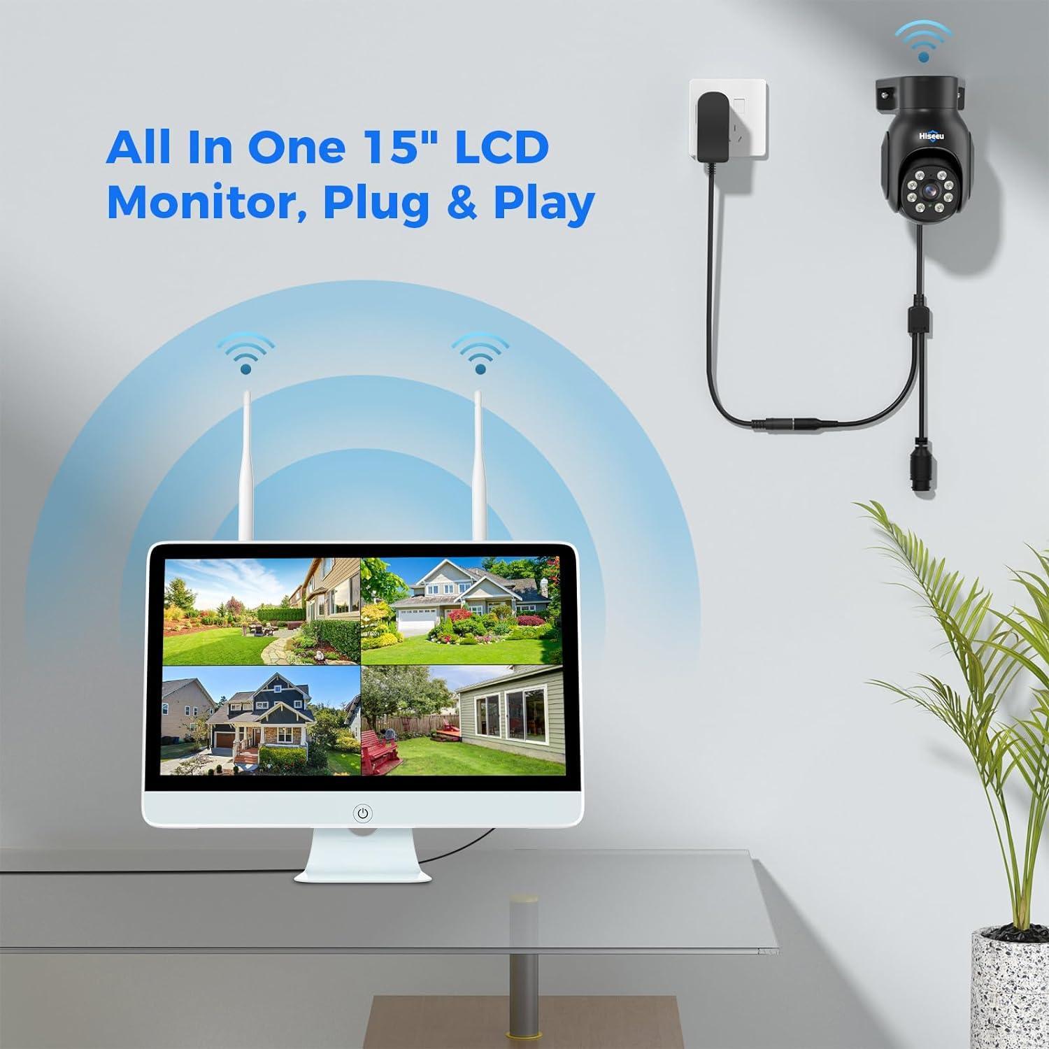 Hiseeu Wireless Security Camera System,All-in-One with 15" LCD Monitor 10CH NVR 4PCS 5MP PTZ Outdoor Camera,3TB HDD Storage, 2-Way Audio, Color Night Vision, Motion Alert,2.4Ghz WiFi - Hiseeu