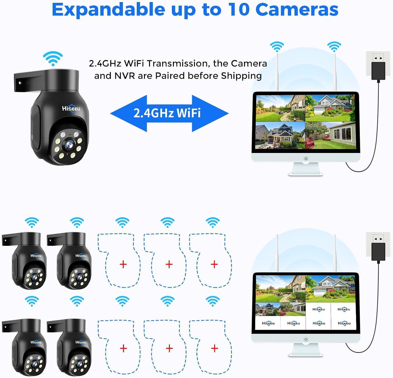 Hiseeu Wireless Security Camera System,All-in-One with 15" LCD Monitor 10CH NVR 4PCS 5MP PTZ Outdoor Camera,3TB HDD Storage, 2-Way Audio, Color Night Vision, Motion Alert,2.4Ghz WiFi - Hiseeu
