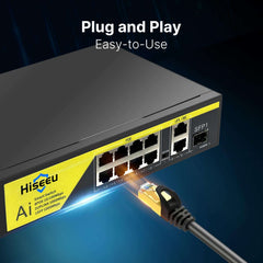 【1000 Mbps】Hiseeu PoE Switch 8 PoE+ Ports and 2 Gigabit Uplink Ports Unmanaged Plug & Play with 120W and Extend Mode 250m (820FT) Desktop/Wall Mount