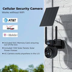 2K 4MP No WiFi 24/7 Recording 4G LTE Cellular Wireless Outdoor 360° PTZ Black Color Camera Solar Powered 64G SD & SIM Card Included