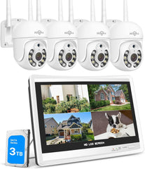 【5MP PTZ+3TB HDD】Hiseeu 5MP Outdoor WiFi PTZ Surveillance Camera Kit with 12’ LCD Monitor,10CH NVR 4*5MP PTZ Camera, Night Vision Colour, Motion Detection, APP Sound Alarm, Remote View