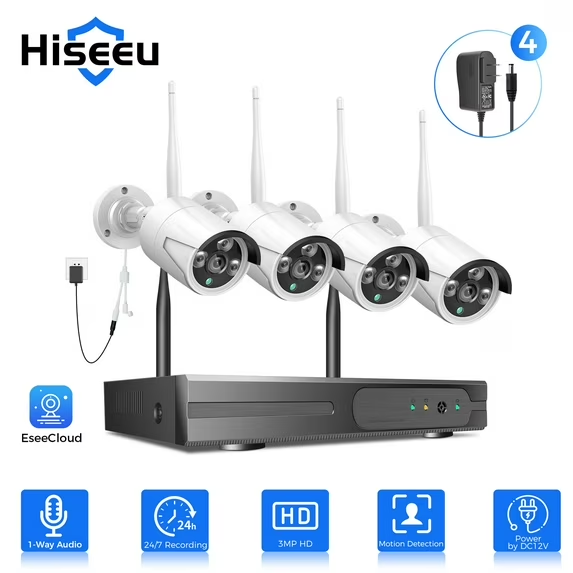 Hiseeu 4Pcs 3MP Wired Wi-Fi Security Camera System,Color Night Vision