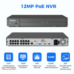 【NO Hard Drive】Hiseeu 16CH Extendable 12MP PoE NVR Network Video Recorder, Works with 12MP/8MP/5MP/4MP/3MP/1080P PoE Cameras
