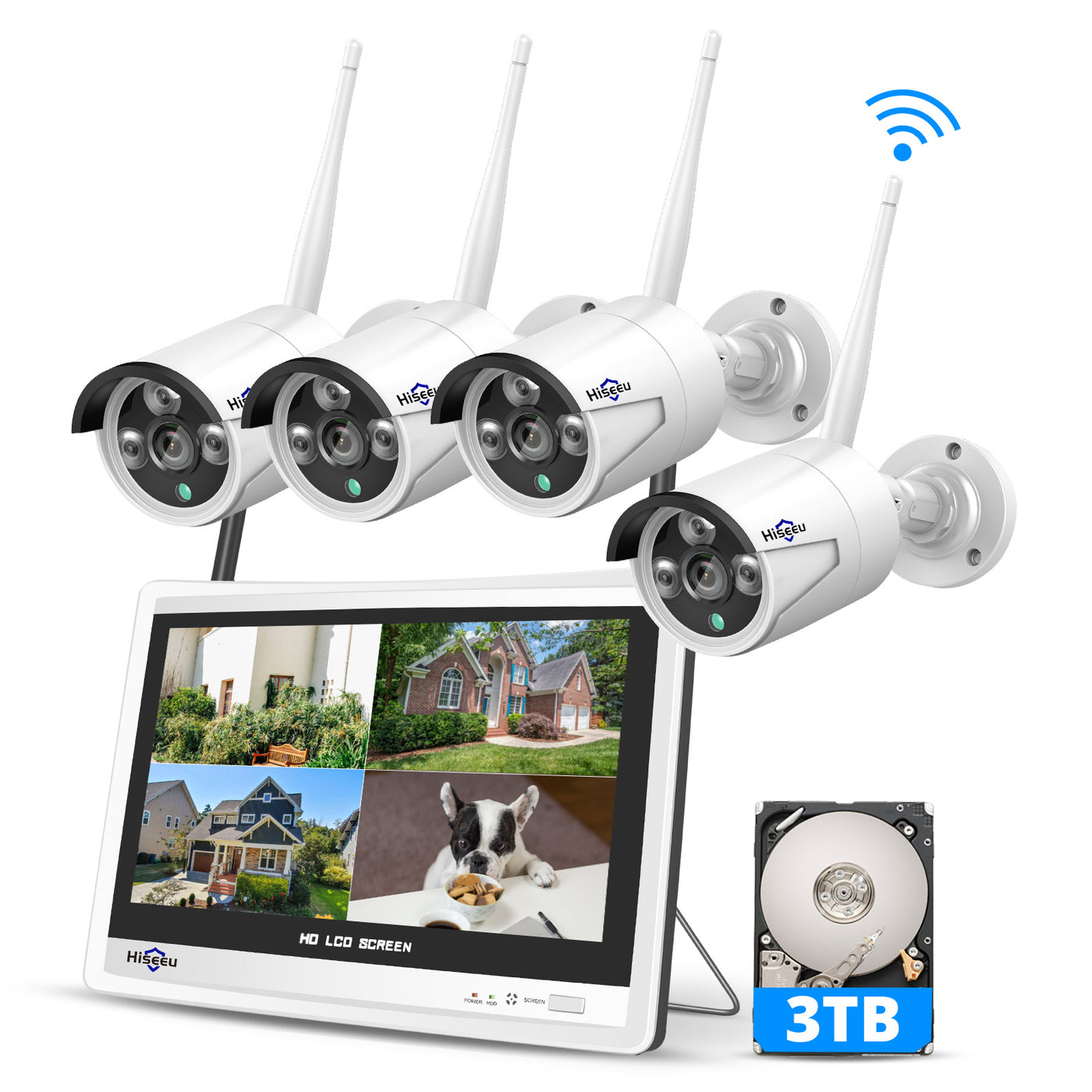 [10CH Expandable, 3MP] All-in-One Security System with 12" LCD Monitor, 3TB Hard Drive, Wireless 4K Dual WiFi NVR, 4pcs 3MP Outdoor Bullet Cameras, Night Vision, Waterproof for Home or Business