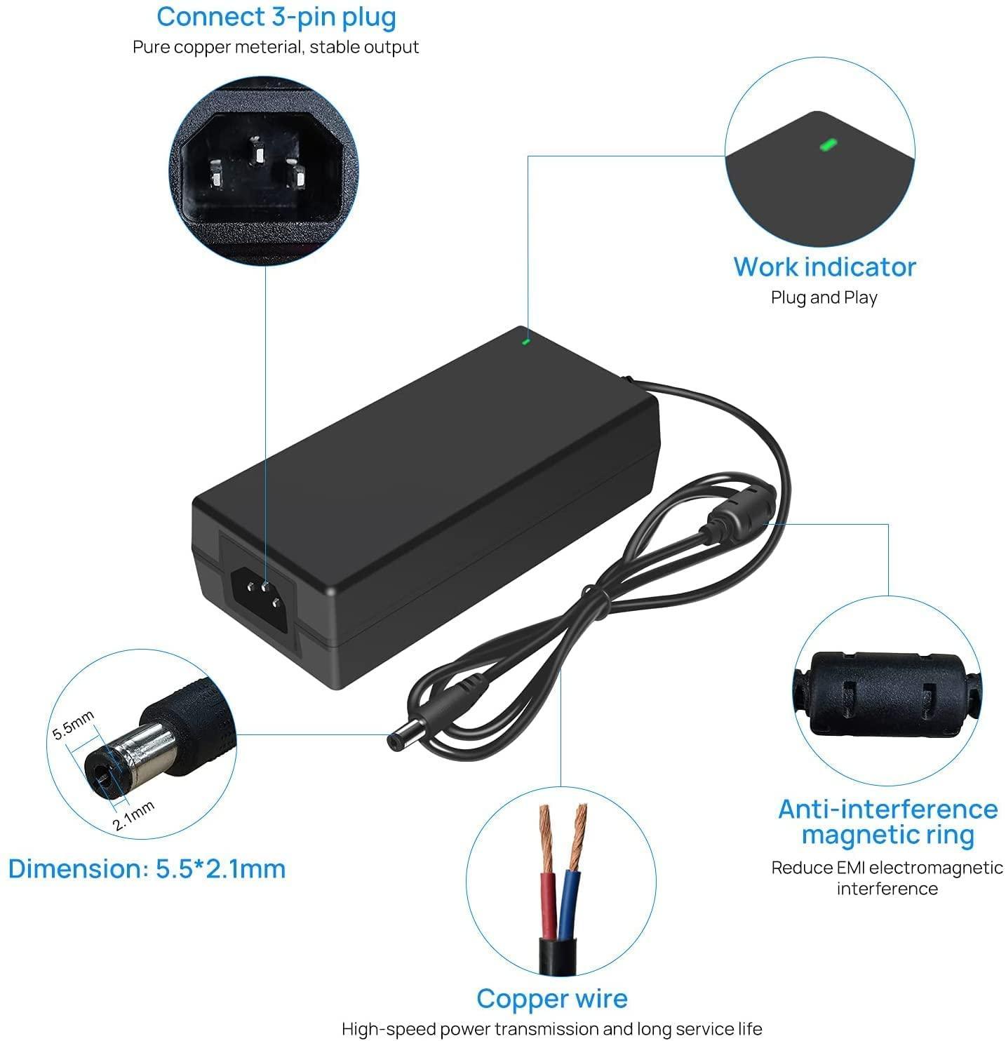 Hiseeu DC 52V 2.5A Power Adapter, AC 100-240V to DC 52V 2.5A Power Cord - Hiseeu