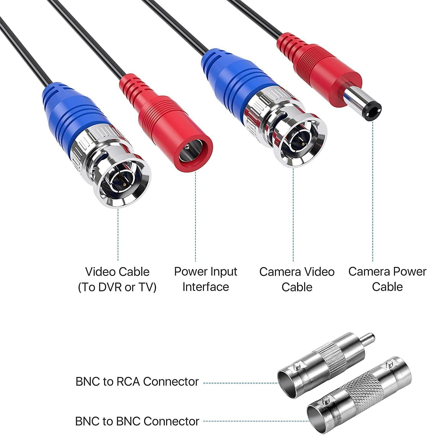 Hiseeu 60Feet BNC Vedio Power Cable Pre-Made Al-in-One Camera Video BNC Cable Wire Cord for Surveillance CCTV Security System with Connectors(BNC Female and BNC to RCA) - Hiseeu