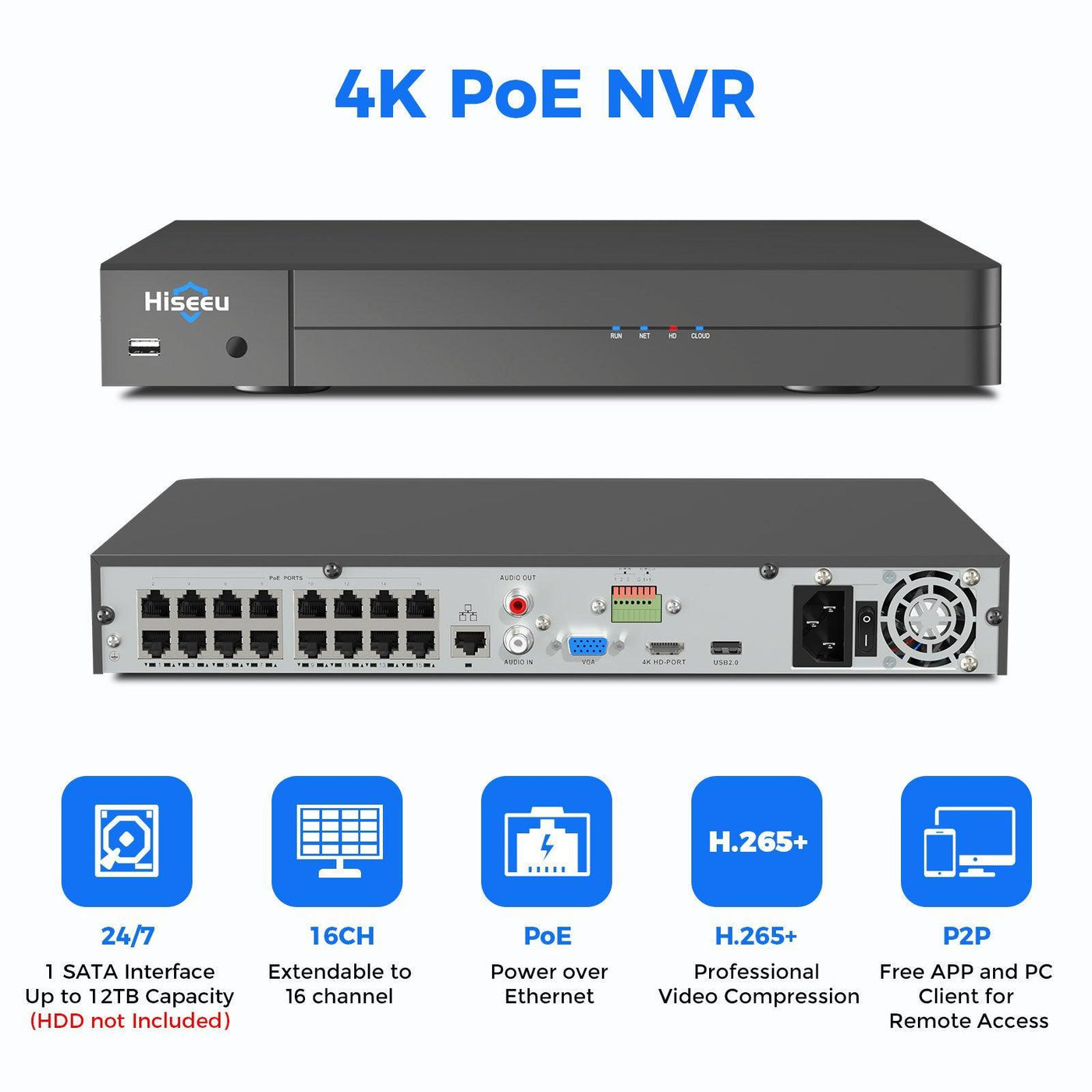 Hiseeu 4K PoE Network Video Recorder NVR, Support 4K/2K/8MP/5MP/3MP/10