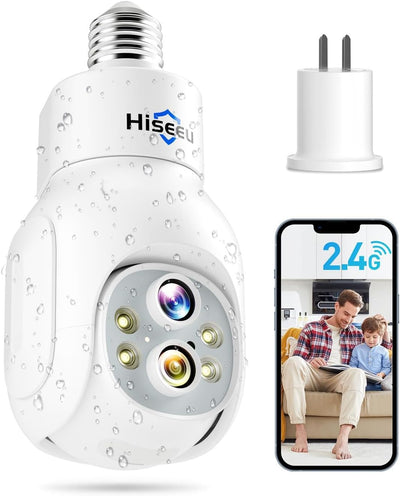 PTZ Light Bulb Security Camera Wireless 2.4GHz, 2-Way-Audio, 10X Zoom,Motion Detection and Alarm, 3MP IP65 Waterproof, Full Color Night Vision, SD& Cloud Storage, E26/E27 Socket