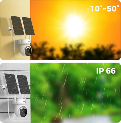 Hiseeu 24/7 Recording Solar Camera Outdoor, 4MP Wireless Home Security Camera, PTZ 360° View, PIR Motion Detection, Color Night Vision, IP66, 2-Way Audio, 2.4G WiFi, No Monthly Fee