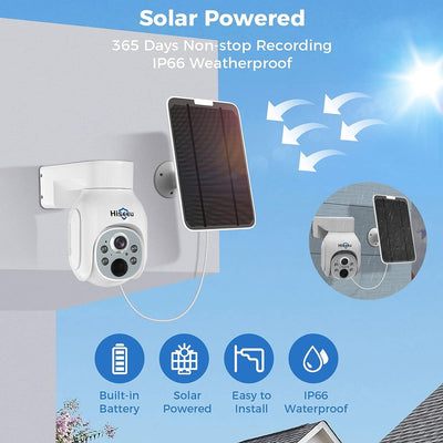 Solar Security Camera Outdoor, 4MP Wireless Battery Camera, PTZ 360° View, PIR Motion Detection, Color Night Vision, IP66, 2-Way Audio, 2.4G WiFi, Compatible with Alexa