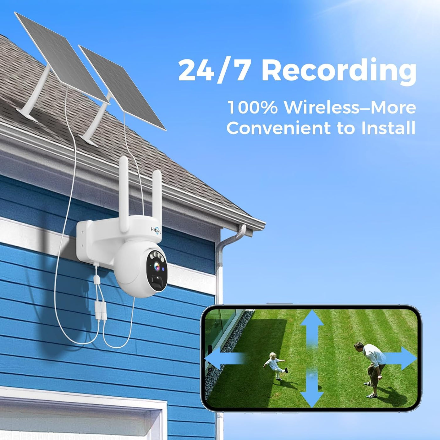 Hiseeu 24/7 Recording Solar Camera Outdoor, 4MP Wireless Home Security Camera, PTZ 360° View, PIR Motion Detection, Color Night Vision, IP66, 2-Way Audio, 2.4G WiFi, No Monthly Fee