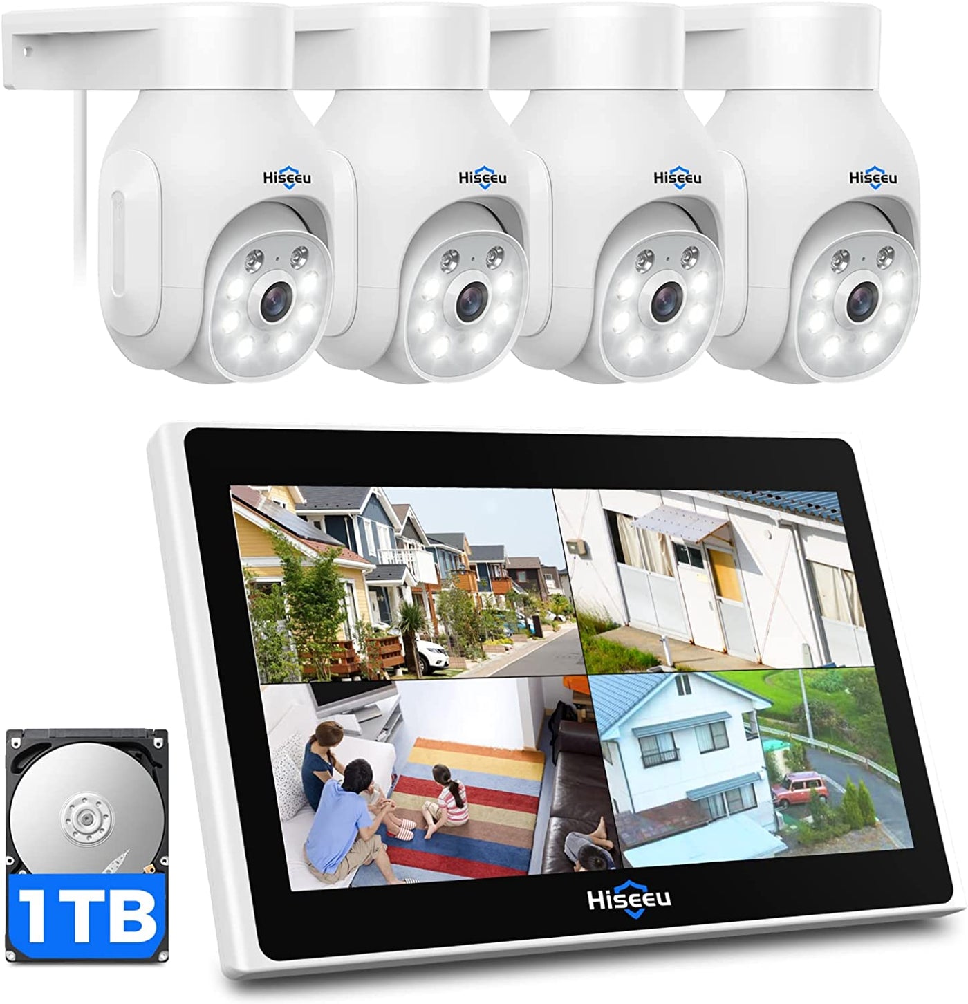 [Expandable 10CH,3MP]4PCS 3MP Outdoor Camera with 10in LCD 1T HDD, 2-Way Audio, PTZ, Color Night Vision, Motion Alert, 2.4G WiFi