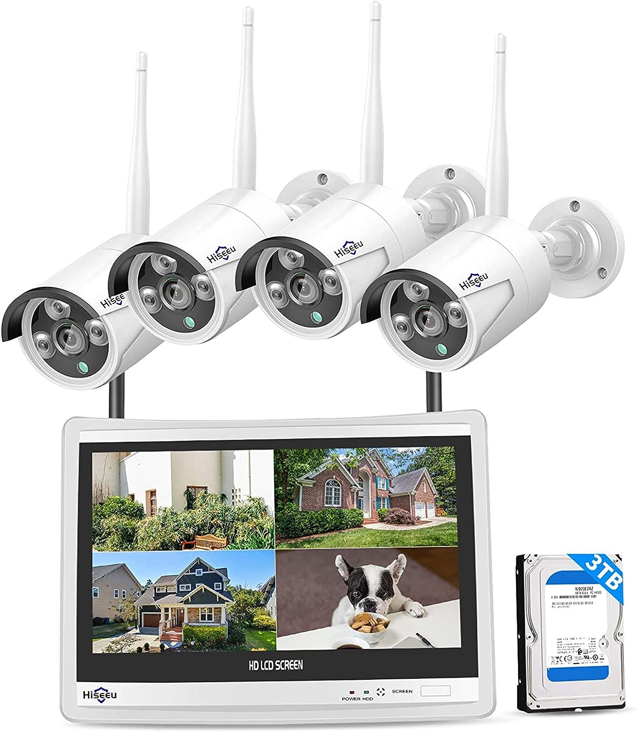 [10CH Expandable, 5MP] All-in-One Security System with 12" LCD Monitor, 3TB Hard Drive, Wireless 4K Dual WiFi NVR, 4pcs 5MP Outdoor Bullet Cameras, Night Vision, Waterproof for Home or Business
