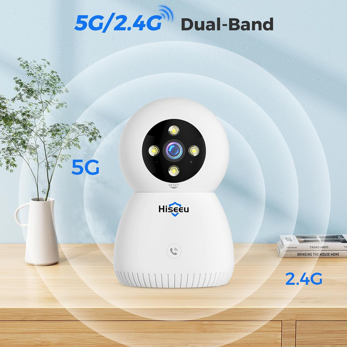 Hiseeu Indoor Security Camera, 2.4G/5G 5MP Baby Monitor Pet Camera for Home Security, PTZ 360°, Auto Tracking, 2 Way Audio, Night Vision, PIR Detection, Local Storage