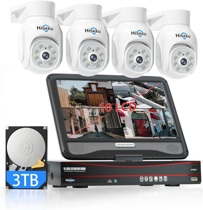 【5MP+PTZ】Hiseeu 5MP PoE CCTV Security Camera System,10'' LCD Monitor with 8CH NVR,4X5MP PoE PTZ Camera with Color Night Vision IP66 Waterproof Remote Access Two-way Audio