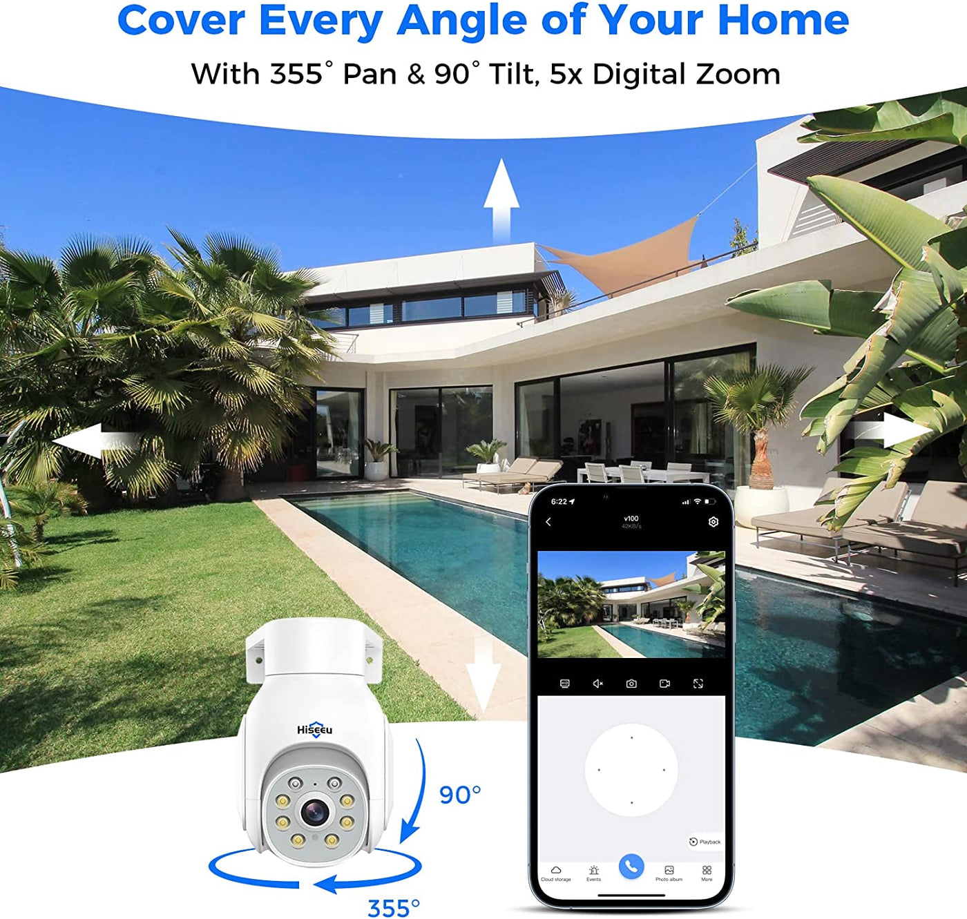 Security Camera Wireless Outdoor, 5MP Color Night Vision WiFi Surveillance Camera Pan/Tilt with Motion Detection/Siren/Light Alarm, 2-Way Audio, IP66 Weatherproof, Work with Echo Show