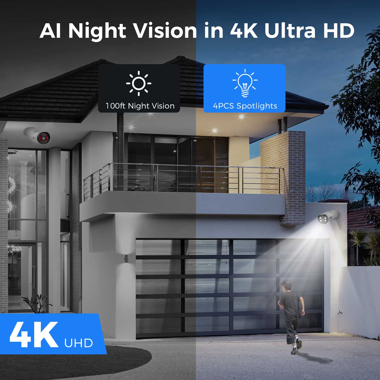 [Wired, Al Human/Vehicle Detection, Expandable 8Channels 100ft 4K DVR] 8MP AHD Wired Analog Security Camera BUILD-IN 3TB HDD Smart Dual Light