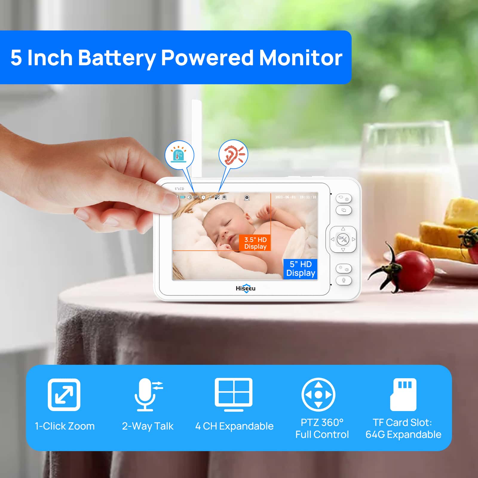 Hiseeu Baby Monitor with Remote Pan-Tilt-Zoom Camera,5" LCD Screen with 1080P Camera,2-Way Talk,Sound Detect and Audible Alarm,Night Vision,24Hrs Standby