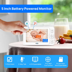 Hiseeu Baby Monitor with Remote Pan-Tilt-Zoom Camera,5" LCD Screen with 1080P Camera,2-Way Talk,Sound Detect and Audible Alarm,Night Vision,24Hrs Standby