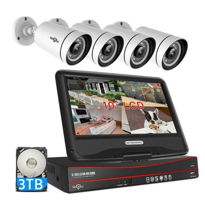 [Wired PoE, Expandable 8Channels, 10''Monitor NVR] 5MP PoE Bullet IP Security Camera System BUILD-IN 3TB HDD with Color Night Vision