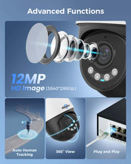 [Wired PoE, Human Tracking, Expandable 16Channels NVR] 12MP PoE 360° View PTZ Wired Security Camera System BUILD-IN 3TB HDD 2 Way Audio 0 Monthly Fee
