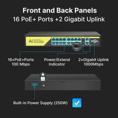 【1000 Mbps】Hiseeu PoE Switch 16 PoE Ports and 2 Gigabit Uplink Ports 802.3af/at Compliant Plug & Play with 250W and Extend 820FT Desktop/Wall Mount