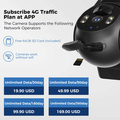 2K 4MP No WiFi 24/7 Recording 4G LTE Cellular Wireless Outdoor 360° PTZ Black Color Camera Solar Powered 64G SD & SIM Card Included