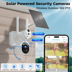 Hiseeu No WiFi Security Cameras Wireless Outdoor, Solar Powered Dual Lens 4G Cellular Security Camera, 360°PTZ, 2K Color Night Vision, PIR Motion, Two-Way Talk, 300MB SIM Card - Hiseeu