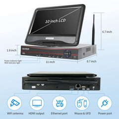 【NO Hard Drive】Hiseeu 10'' LCD Wireless WiFi NVR 10 Channels Network Video Recorder Works with Hiseeu EseeCloud 1080P/3MP/5MP Wireless Cameras