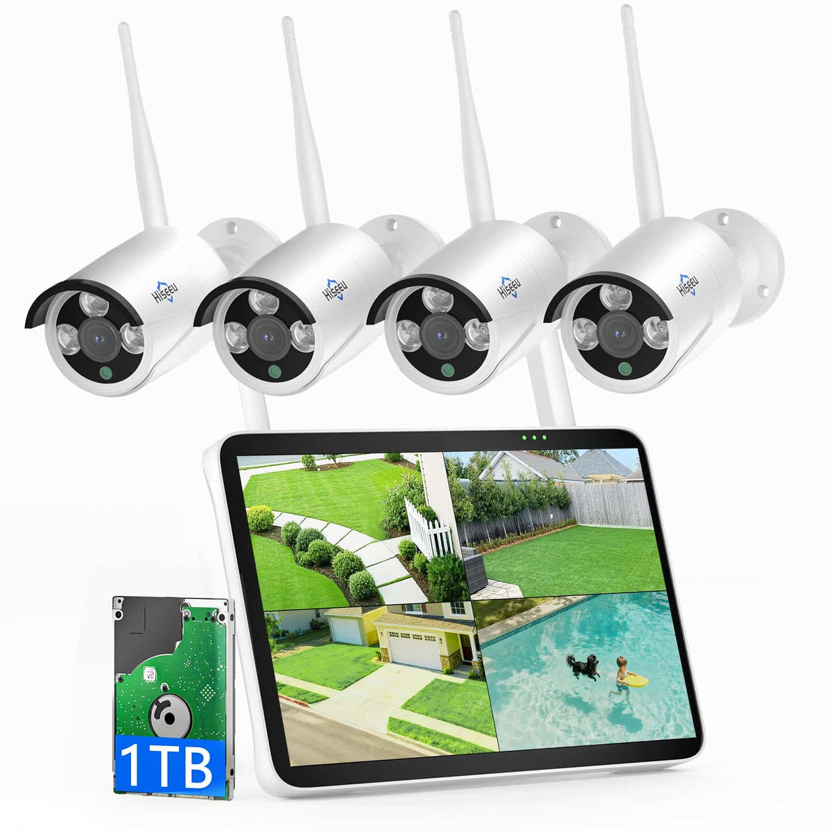 [Wireless 2.4G/5GHz WiFi Pro, Expandable 10Channels 10.1" Touch Screen LCD Monitor NVR] 8MP Wireless Bullet Camera System BUILD-IN 1TB with Two-Way Audio