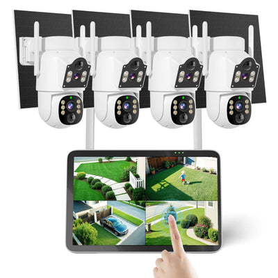 [Wireless 2.4&5GHz WiFi Pro, Expandable 10Channels 10" Touchscreen Monitor NVR] 4MP Auto Tracking Dual-Lens Wireless Solar Security Camera System BUILD-IN 500GB HDD