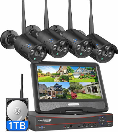 [Wireless Pro, 100ft Range, Expandable 10Channels 4K 10inch LCD Monitor NVR] 5MP Wireless Security Bullet Black Camera System BUILD-IN 1TB HDD with One-Way Audio