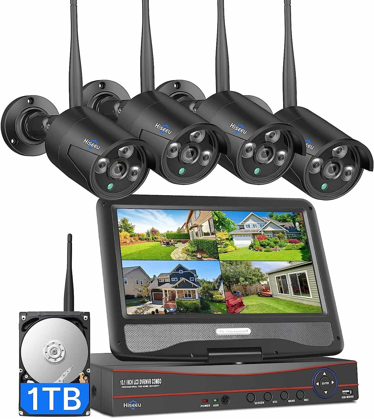 [Wireless Pro, 100ft Range, Expandable 10Channels 4K 10inch LCD Monitor NVR] 5MP Wireless Security Bullet Black Camera System BUILD-IN 1TB HDD with One-Way Audio