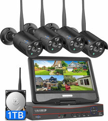 [Wireless Pro, 100ft Range, Expandable 10Channels 4K 10inch LCD Monitor NVR] 5MP Wireless Security Bullet Black Camera System BUILD-IN 1TB HDD with One-Way Audio
