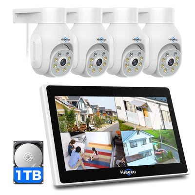 [Wireless Pro, Auto Tracking, Expandable 10Channels 10" LCD Monitor NVR] 5MP PTZ 4Pcs Security Camera System BUILD-IN 1TB HDD with 2-Way Audio