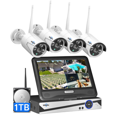 [Wireless Pro, 100ft Range, Expandable 10Channels 4K 10" LCD Monitor NVR] 5MP Wireless Security Bullet Camera System BUILD-IN 1T HDD with One-Way Audio