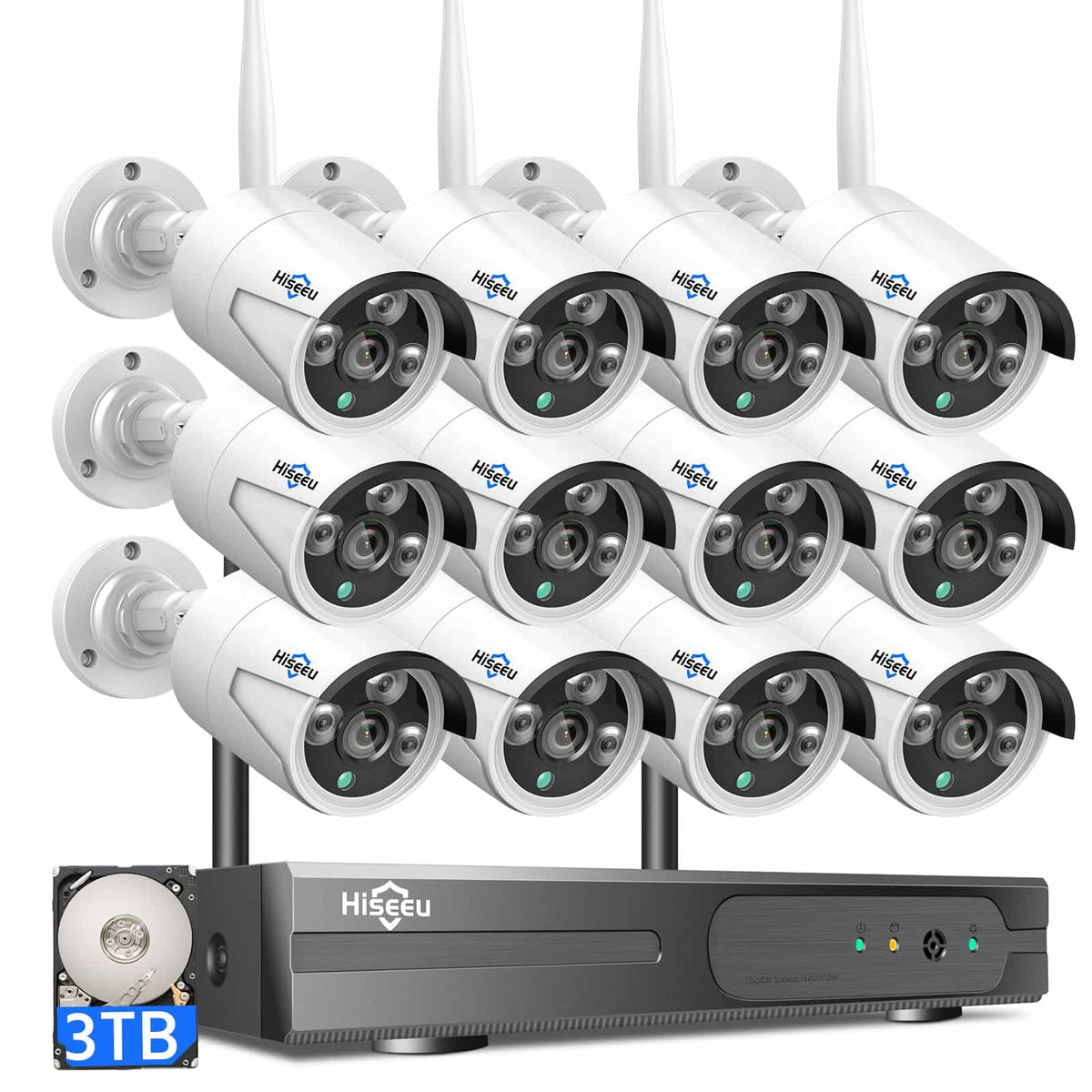[Wireless Pro, 100ft Range, Expandable 16Channels 4K NVR] 5MP Wireless Security Bullet 12Pcs Camera System BUILD-IN 3TB HDD with Night Vision