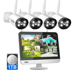 Hiseeu 4Pcs 3MP Wireless WiFi Security Camera System with 12.1" Monitor, 1TB Hard Drive,Color Night Vision , IP66 Waterproof, Motion Alert - Hiseeu