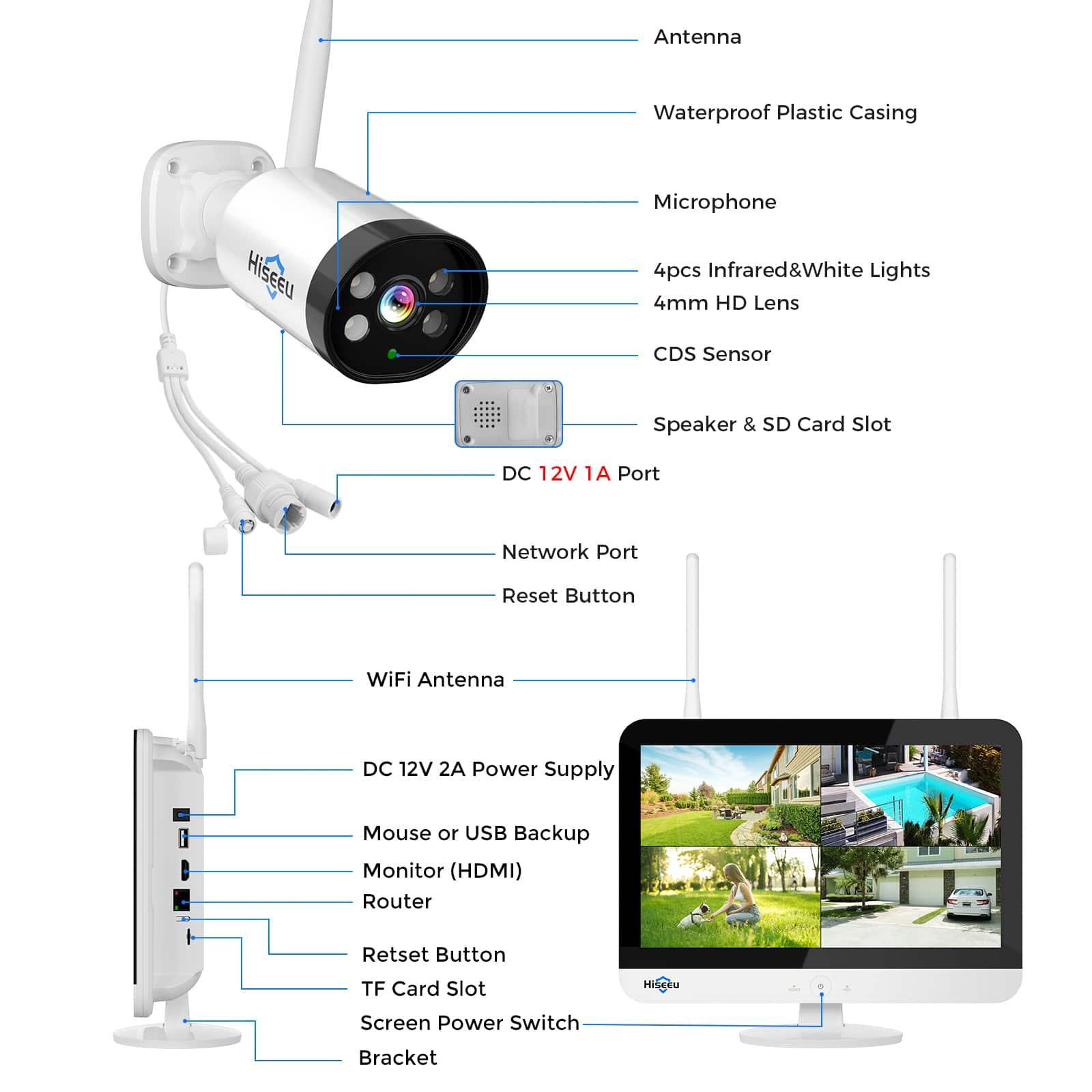[Wireless,Expandable 10Channels  12.1"Monitor NVR] 2k Wireless Security Camera System BUILD-IN HDD