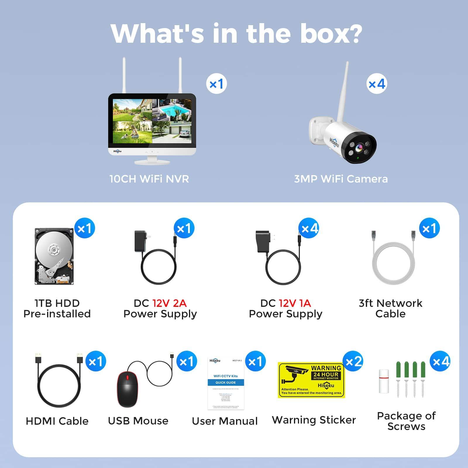 [Wireless,Expandable 10Channels  12.1"Monitor NVR] 2k Wireless Security Camera System BUILD-IN HDD
