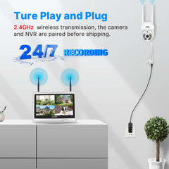 [Wireless Pro, Night Vision Color, Expandable 10Channels with 12" LCD Monitor 4K NVR] 5MP WiFi PTZ Wireless Outdoor Camera System Kit BUILD-IN 3TB HDD with Motion Detection and Tracking