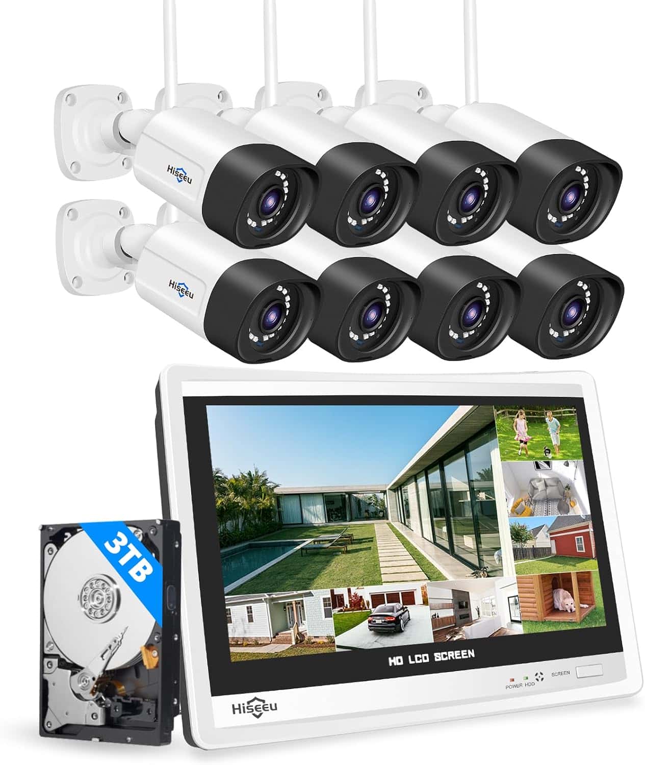 [Wireless Pro with 12" LCD Monitor, Expandable 10Channels 4K NVR] 5MP Wireless Security Camera System BUILD-IN 3TB HDD With Two Way Audio
