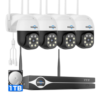 [Wireless Pro, 5G&2.4GHz WiFi, Expandable 16Channels 4K NVR] 8MP 4Pcs Camera Wireless 360° PTZ Camera System BUILD-IN 1TB HDD with Auto Tracking