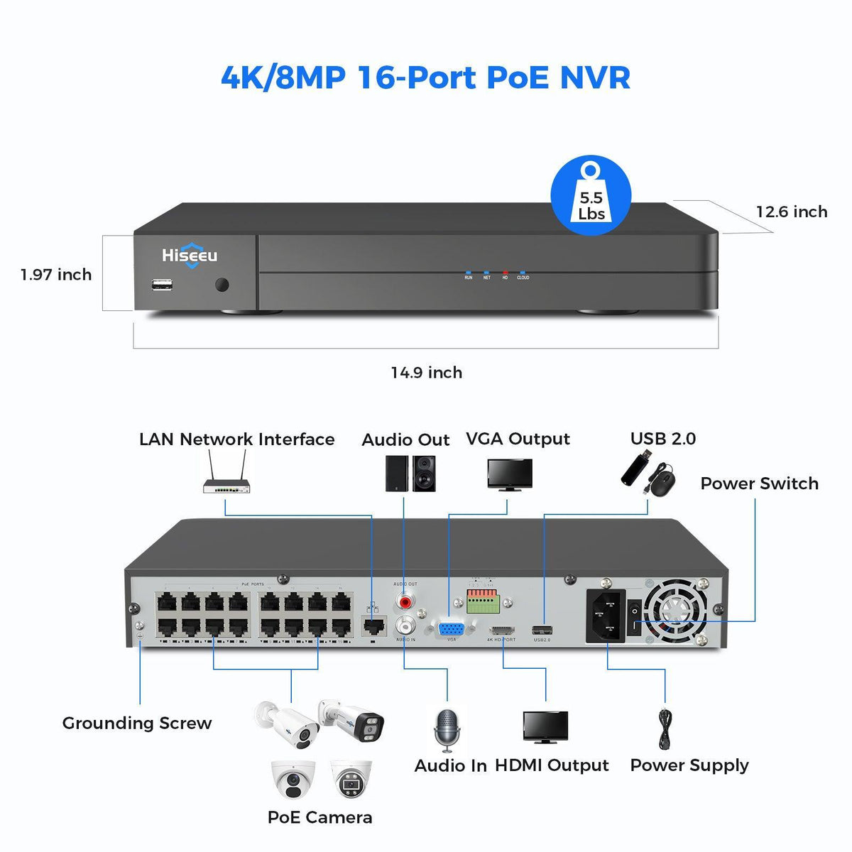 Hiseeu 4K PoE Network Video Recorder NVR, Support 4K/2K/8MP/5MP/3MP/1080P PoE Camera, Free Remote Access, Motion Alarm, 24/7 Recording, Smart Playback, No Hard Disk Drive - Hiseeu