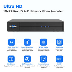 【NO Hard Drive】Hiseeu 16CH Extendable 12MP PoE NVR Network Video Recorder, Works with 12MP/8MP/5MP/4MP/3MP/1080P PoE Cameras
