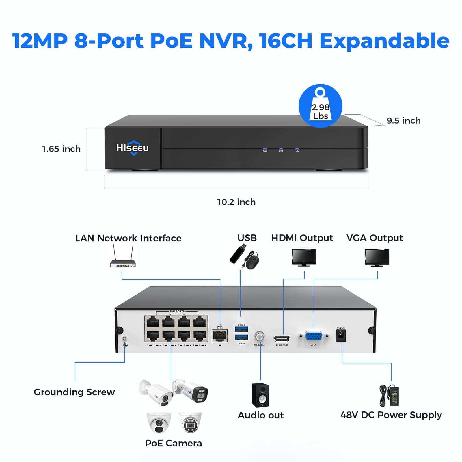 12MP + 16CH Extendable] Hiseeu 12MP PoE 8 Ports NVR Network Video Rec