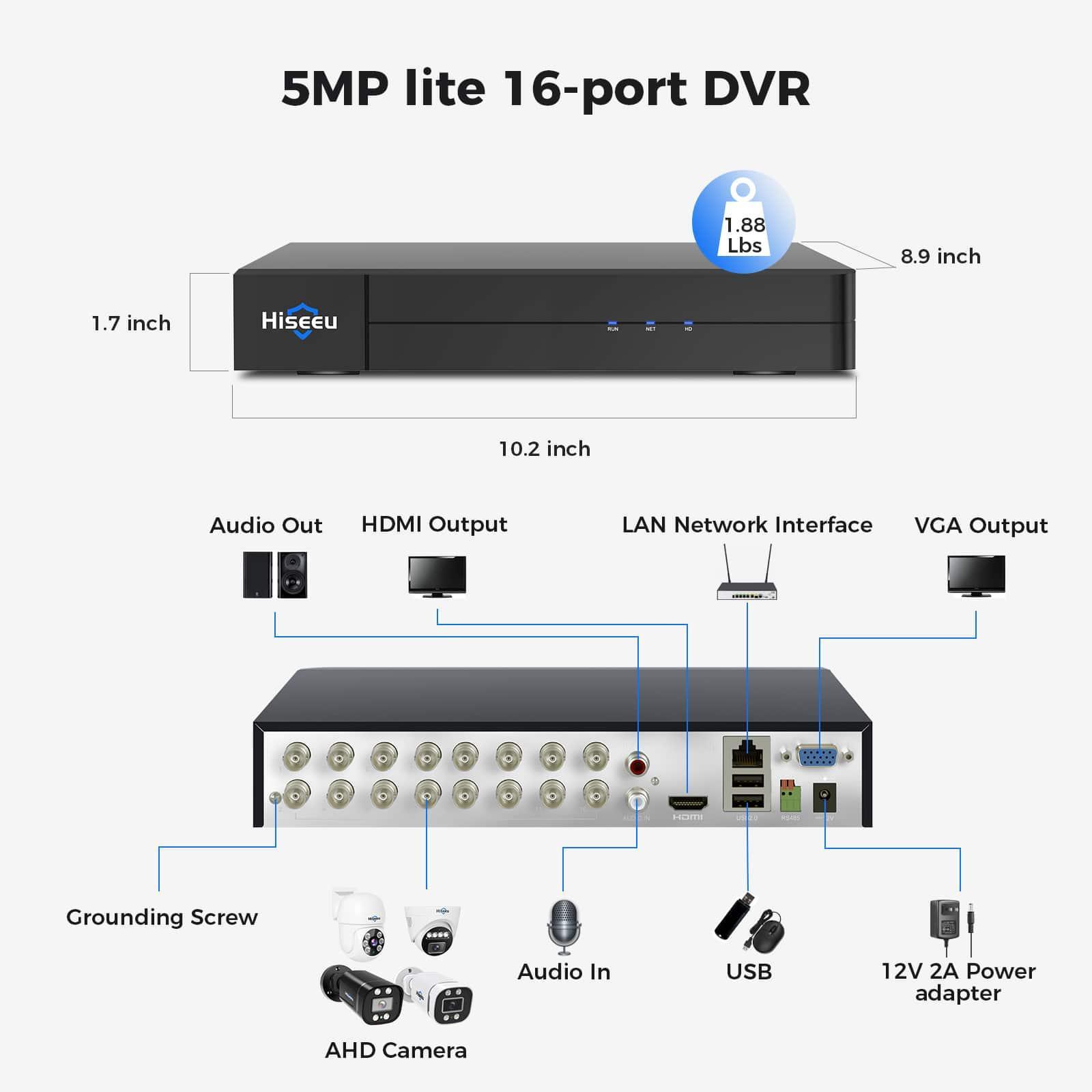 Hiseeu 5MP Lite DVR 16 Channel Security 3K Lite H.265+ Digital Video Recorder Advanced CCTV DVR for Security Camera,AHD/TVI/CVI/CVBS/IPC 5 in 1 Hybrid,Remote Access,No Monthly Fee, (No Hard Drive)